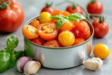 Canned tomatoes with basil and garlic on table