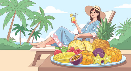 Tropical Getaway Woman Relaxing With Exotic Fruit And Cocktail