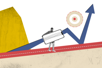 Composite trend artwork collage of trader business rich income graphics arrow up workspace young man hand hold phone display remote job