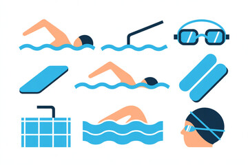 Dynamic aquatic icons capture the joy and athleticism of swimming, featuring swimmers, goggles, kickboards, and pool elements for vibrant sport visuals.