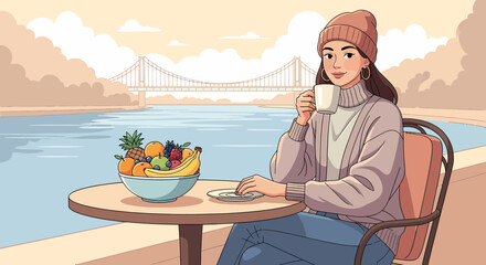 Woman Enjoying Coffee And Fruits With Bridge View Landscape