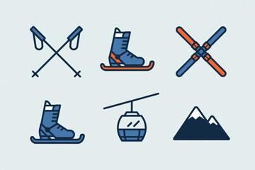 Dynamic winter sports icons capture the thrill of snow adventures with skis, poles, boots, gondola, and majestic mountains