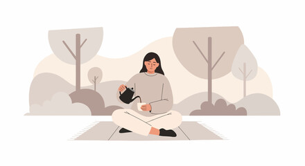 Woman Enjoying Hot Beverage In Nature Meditative Moment Illustration