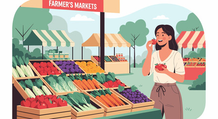 Woman Enjoying Fresh Produce At The Local Farmer's Market