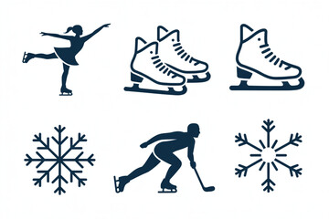 Dynamic ice skating icons capture the thrill of winter sports with elegant figure skater, hockey player, skates, and snowflakes