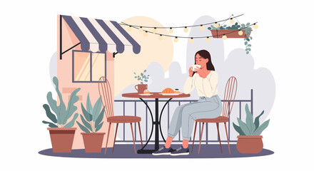 Woman Enjoying Morning Coffee And Pastries At Cozy Cafe Terrace