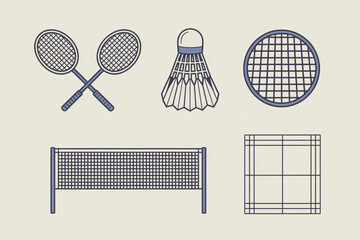 Dynamic badminton set icons featuring rackets, shuttlecock, net, and court lines for sports graphics and design.