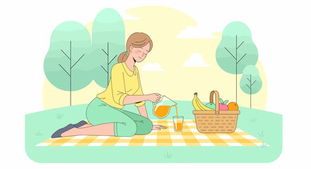 Woman Enjoying Refreshing Drink During Sunny Picnic Outdoors