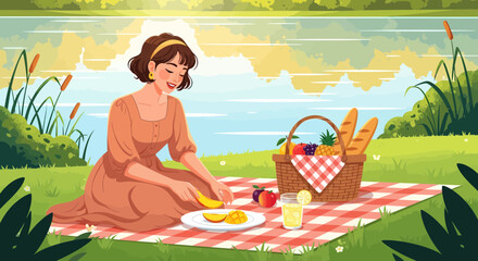 Woman Enjoying Peaceful Picnic By The Lake On A Sunny Day