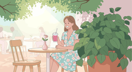 Woman Enjoying Refreshment In Outdoor Cafe On Sunny Day