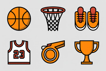 Dynamic basketball icons capturing the excitement of the game including ball, hoop, shoes, jersey, whistle, and trophy
