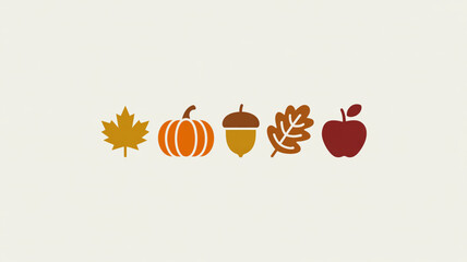 Vibrant autumn icons including maple leaf, pumpkin, acorn, oak leaf, and apple create a festive harvest season celebration