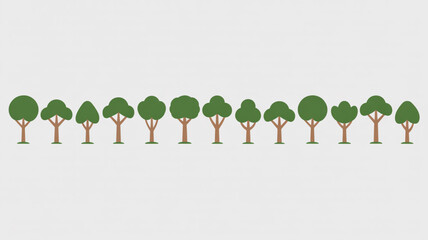 A row of diverse, stylized green trees with brown trunks and subtle ground bases, perfect for natural themes and eco designs.