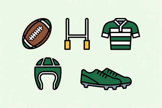 Dynamic rugby sport elements including ball, goal posts, jersey, helmet, and cleats ready for action