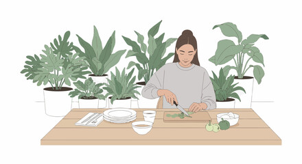 Woman Preparing Fresh Food On A Wooden Table Surrounded By Plants