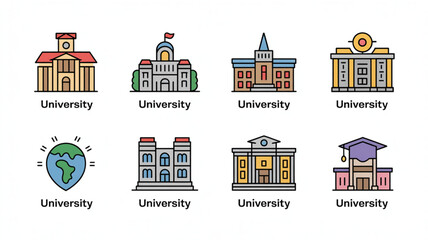 Explore diverse university building icons symbolizing education, knowledge, and global learning opportunities for modern academic branding.