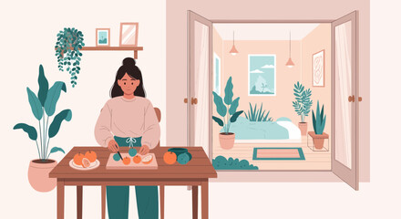Woman Preparing Citrus Fruits In Cozy Interior Setting Illustration