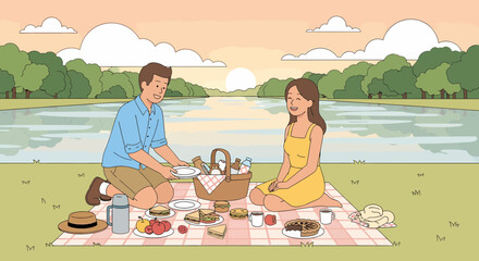 Young Couple Enjoying A Relaxing Picnic By The Lake At Sunset