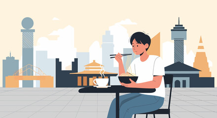 Young Man Enjoying Noodles With Cityscape Background In A Restaurant