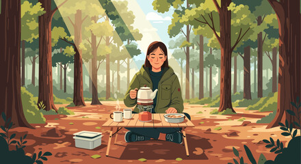 Young Woman Enjoying A Peaceful Picnic In A Forest Setting