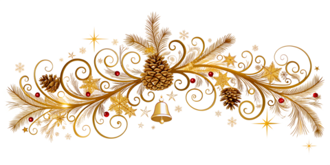 Gold decorative elements with pine cones, stars, and a bell on a transparent background. Ideal for holiday designs and festive themes.