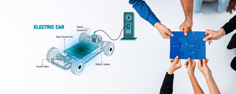 A dynamic workspace scene illustrating teamwork on electric car technology, featuring hands collaborating over puzzle pieces and images of battery systems and charging stations. Trope