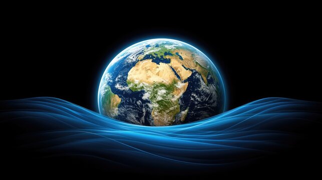 Explore a futuristic digital earth with abstract wave lines in blue on a dark backdrop showcasing a world map in space