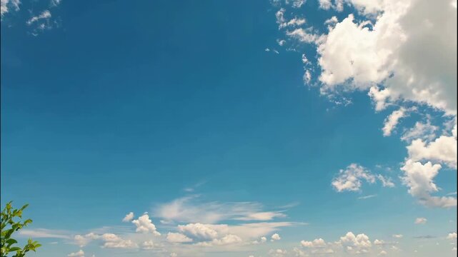 The video captures a series of frames showcasing a clear, expansive sky with a few scattered clouds over a lush, green landscape