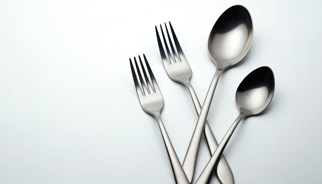 Close up of cutlery set against clean backdrop. Metal spoons, forks presented diagonally. Elegant tableware arrangement for food service. Modern kitchen utensils for dining table. Silver flatware