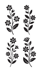 Four stylized black and white floral illustrations, featuring various flower and leaf arrangements.