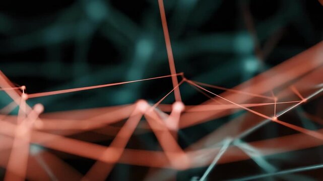 A close-up of a glowing network of interconnected orange and teal lines and nodes forming a geometric web.
