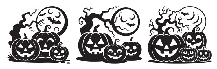 Silhouette of three Halloween scenes with pumpkins, bats, trees, and a full moon in a black and white design.