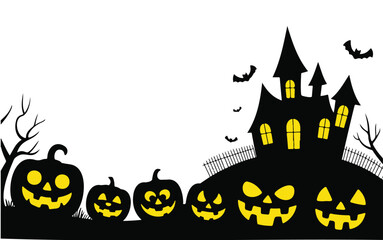 Halloween scene with pumpkins and a haunted house silhouette.