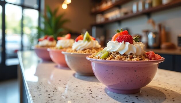 Four acai bowls with various toppings on a marble counter in a modern cafe. Bowls contain yogurt and fruit. Granola and fresh strawberries are on top. Creamy dessert is prepared for serving.