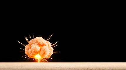 A dramatic nuclear explosion fills the desert sky with fiery orange and red hues against a stark black backdrop