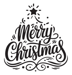 Hand-drawn 'Merry Christmas' lettering in a calligraphic style, shaped like a Christmas tree with a star, swirls, and dots on a white background.