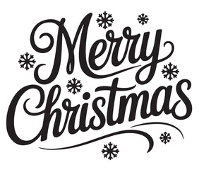 A black and white calligraphic design wishing 'Merry Christmas' with decorative snowflakes.