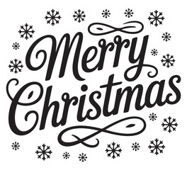 Black and white Merry Christmas text with decorative snowflakes around the words.