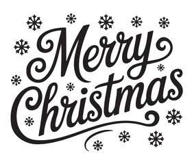 Elegant 'Merry Christmas' calligraphic lettering in black, adorned with festive snowflake illustrations on a white background.