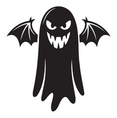 A spooky black ghost with bat wings and sharp teeth, perfect for Halloween decorations.