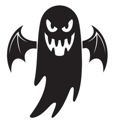 A black cartoon ghost with bat wings and an angry, scary face.