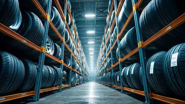 Tires in the Warehouse: A comprehensive perspective of tires neatly arranged on warehouse racks, with rows and rows, displaying a focus on the storage