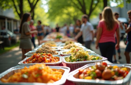 Neighborhood block party event gathers many people outdoors. Long table filled with various colorful dishes in foil pans. Guests share meal, mingle, socialize, enjoy warm summer day. Friends eat, fun