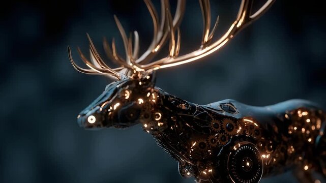 A futuristic mechanical deer made of exposed gears and metal, with a glowing eye and ornate antlers.
