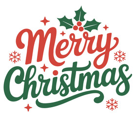 Merry Christmas calligraphic lettering with red and green text, holly, and snowflakes.