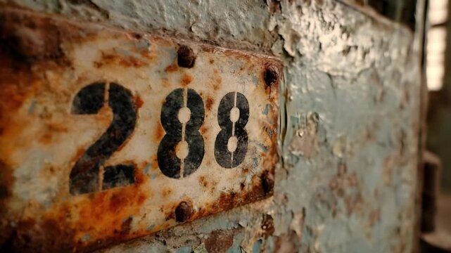 A rusted metal plate with the number 288 attached to a peeling blue wall.