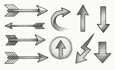 Black And White Seamless Sketchy arrow Elements, Line art, Pattern Sketch Style Isolated. Set Hand Drawn Doodle icon arrows And cursor Illustration In Engraving Style, scribble, strokes