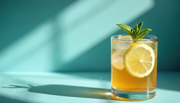 Refreshing cold cocktail in glass with ice cubes, lemon slice, green mint leaves. Vibrant drink stands on bright blue background. Strong sunlight creates graphic shadow patterns, summer studio photo - Powered by Adobe
