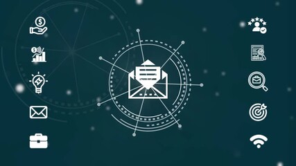 Email marketing strategy concept with envelope icon in the center surrounded by business icons on dark blue background, symbolizing digital communication and online promotion - Powered by Adobe