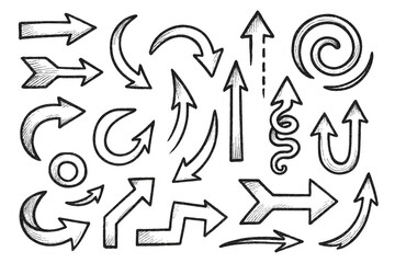 Black And White Seamless Sketchy arrow Elements, Line art, Pattern Sketch Style Isolated. Set Hand Drawn Doodle icon arrows And cursor Illustration In Engraving Style, scribble, strokes
